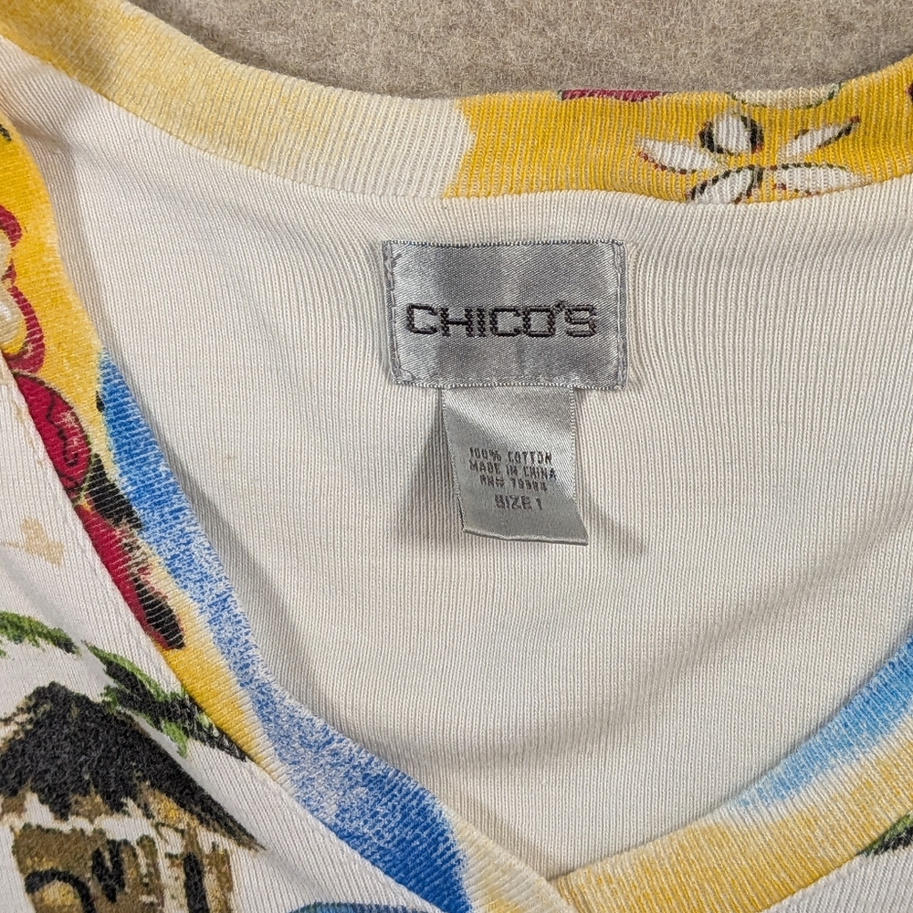 Chico's Tropical Hula Vintage Cotton Print V-Neck 3/4 Sleeves Fun!! Shirt Size L - Picture 6 of 9